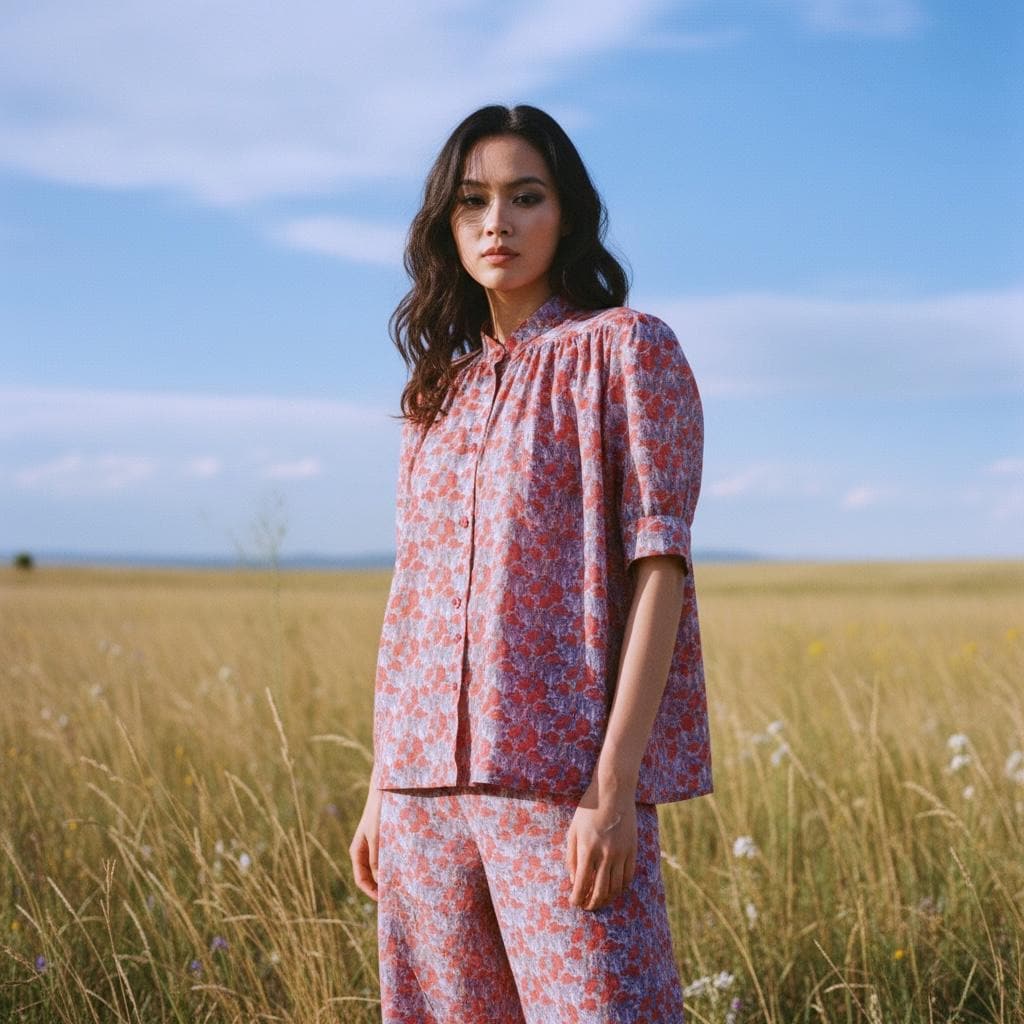 Liberty Mandarin Collar Gather Blouse: Ditsy Floral Print, Botanical Short Sleeve Shirt