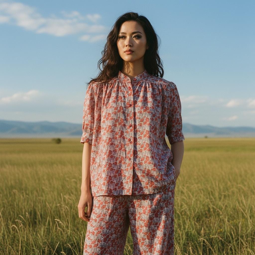 Liberty Mandarin Collar Gather Blouse: Ditsy Floral Print, Botanical Short Sleeve Shirt