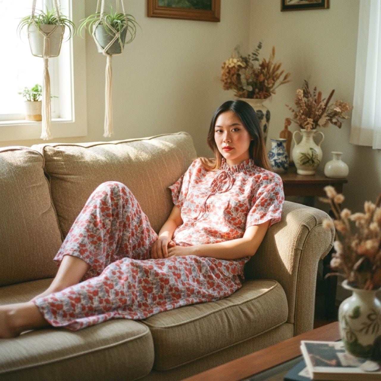 Liberty London Floral Cotton Pajama Set, Handmade Ruffle Collar Loungewear