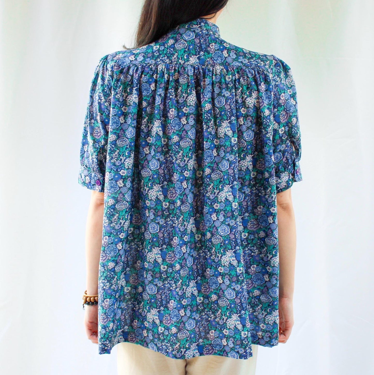 Liberty Mandarin Collar Gather Blouse: Ditsy Floral Print, Botanical Short Sleeve Shirt
