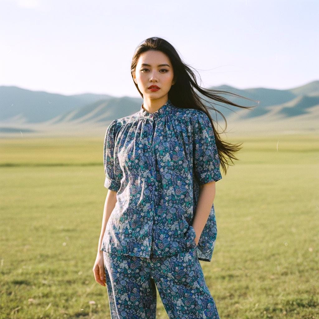 Liberty Mandarin Collar Gather Blouse: Ditsy Floral Print, Botanical Short Sleeve Shirt