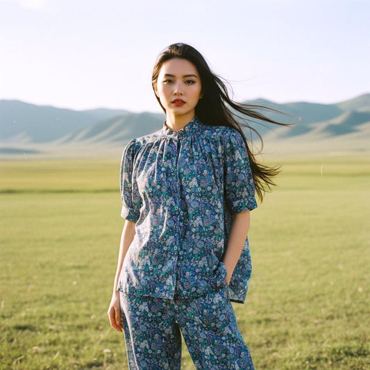 Liberty Mandarin Collar Gather Blouse: Ditsy Floral Print, Botanical Short Sleeve Shirt