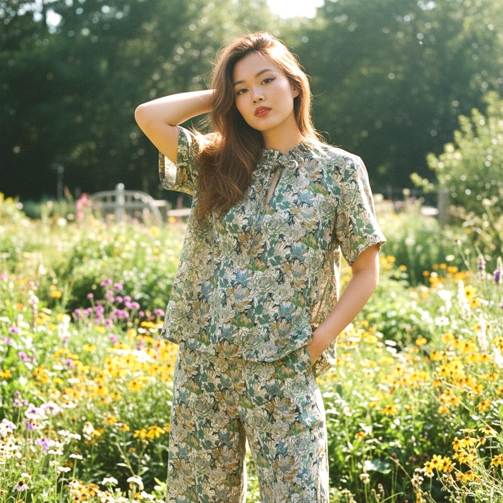 Liberty Floral Print Woman Blouse: Ruffle Collar Top, Short Sleeve Ditsy Botanical Shirt
