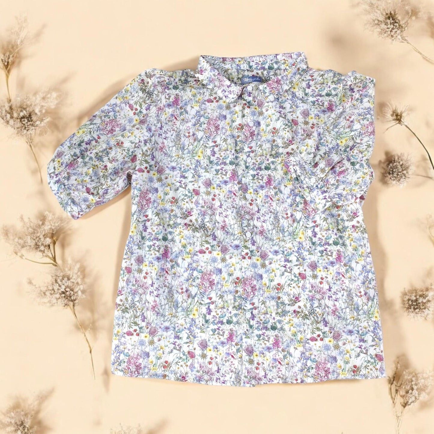 Liberty Floral Print Woman Shirt: Button Through Short Sleeves, Ditsy Botanical Blouse