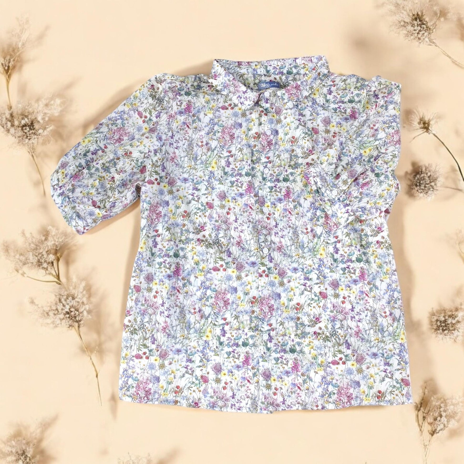Liberty Floral Print Woman Shirt: Button Through Short Sleeves, Ditsy Botanical Blouse