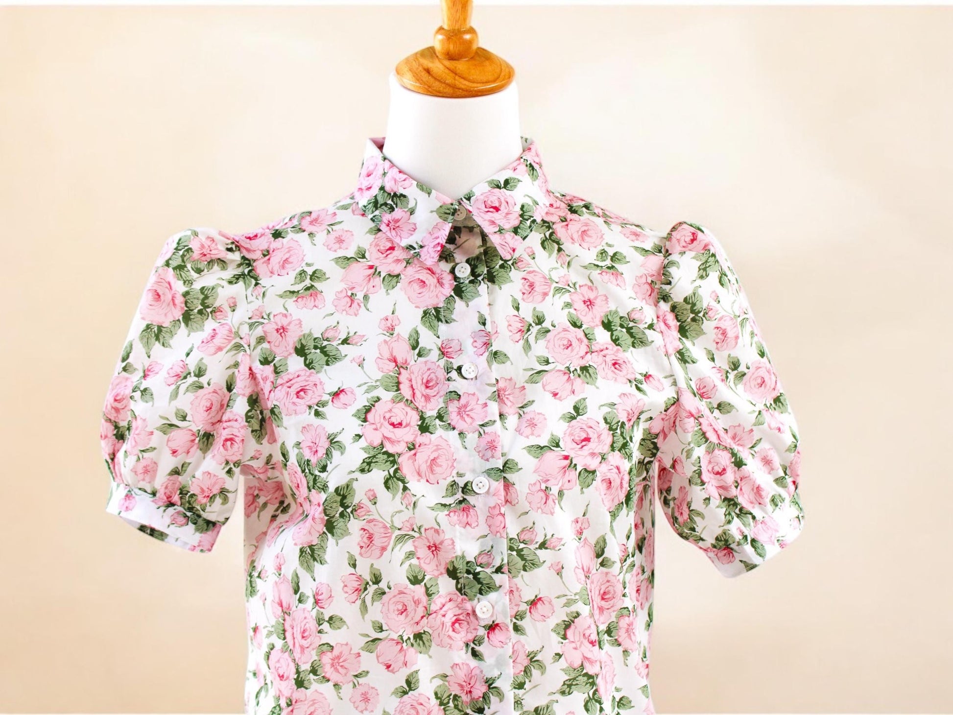 Liberty London Floral Shirt, Pink Rose Print, Short Sleeve Cotton Top