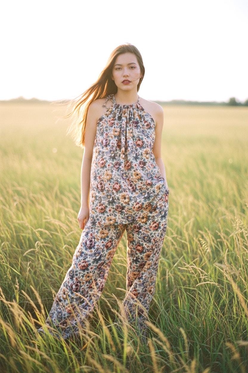 Liberty London Floral Loungewear Set, Cotton Tana Lawn Halter Top and Palazzo Pants