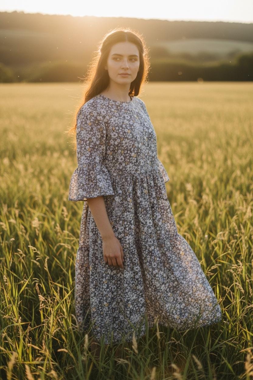 Liberty London Floral Midi Dress, Tiered Bell Sleeve Cotton Lawn