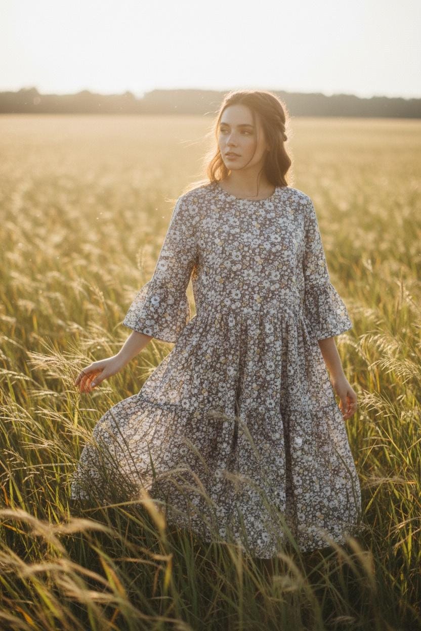 Liberty London Floral Midi Dress, Tiered Bell Sleeve Cotton Lawn