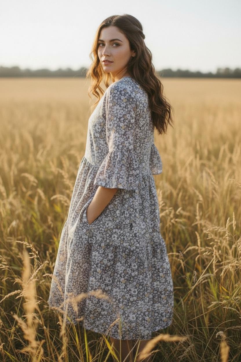 Liberty London Floral Midi Dress, Tiered Bell Sleeve Cotton Lawn