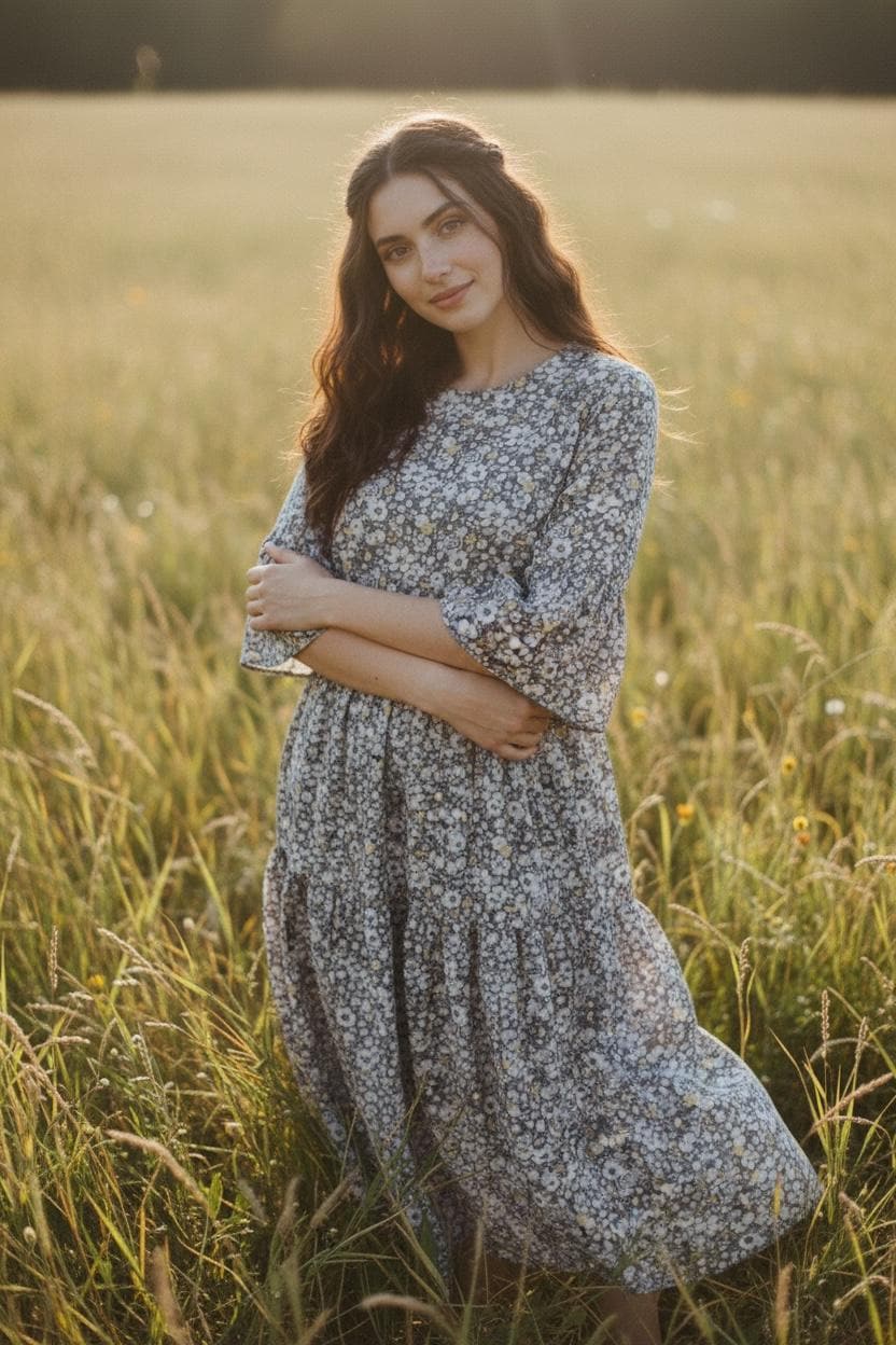 Liberty London Floral Midi Dress, Tiered Bell Sleeve Cotton Lawn