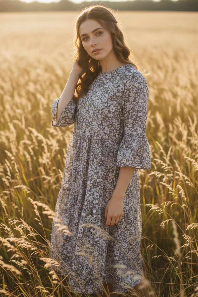 Liberty London Floral Midi Dress, Tiered Bell Sleeve Cotton Lawn