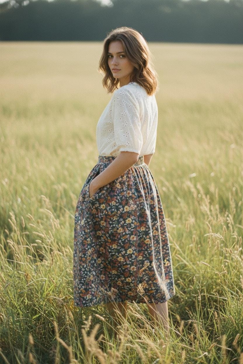 Liberty London Floral Midi Skirt, Elastic Waist Cotton A-Line