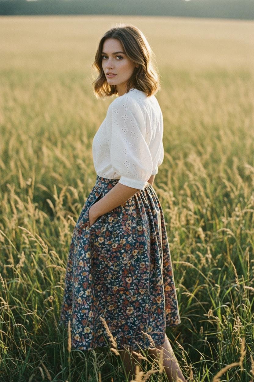 Liberty London Floral Midi Skirt, Elastic Waist Cotton A-Line