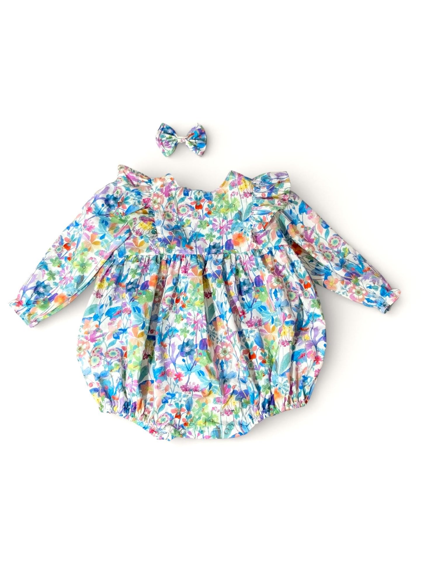 Liberty London Long Sleeve Bubble Onesie: Baby Cotton Romper, Botanical Floral Print