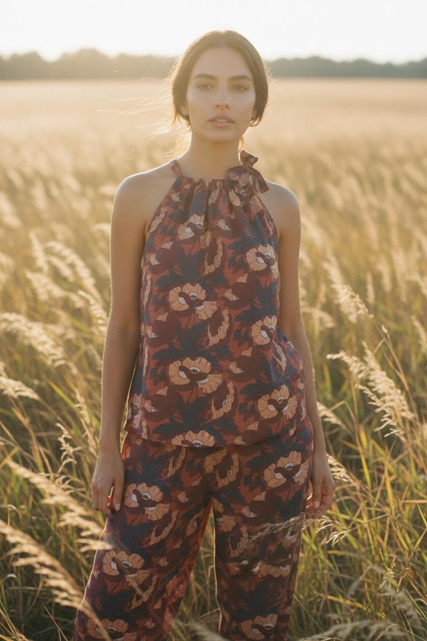 Summer Liberty London Halter Neck Blouse: Botanical Floral Print Top, Cotton Tana Lawn Fabric