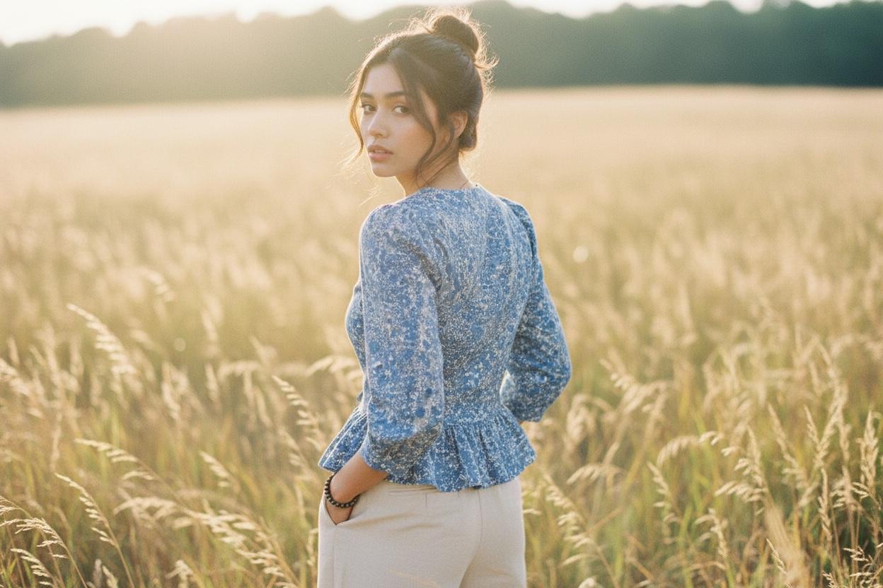 V-Neck Liberty Ditsy Print Peplum Top: Botanical 3/4 Sleeves, Magaret Annie Blue Floral Blouse