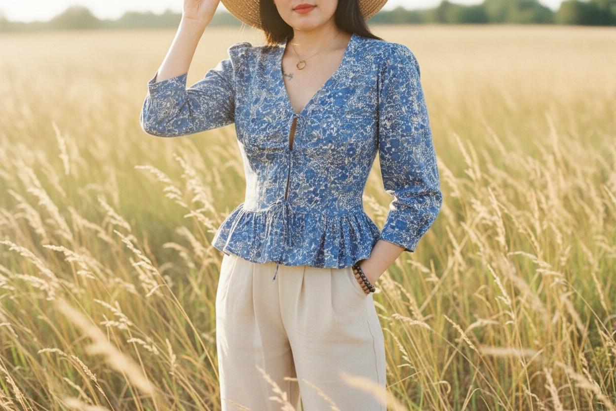 V-Neck Liberty Ditsy Print Peplum Top: Botanical 3/4 Sleeves, Magaret Annie Blue Floral Blouse