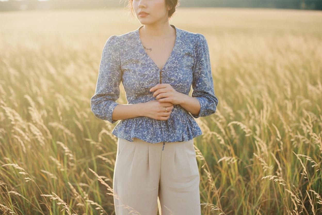 V-Neck Liberty Ditsy Print Peplum Top: Botanical 3/4 Sleeves, Magaret Annie Blue Floral Blouse
