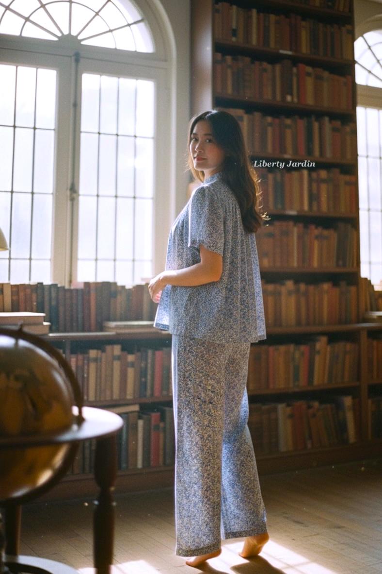 Liberty London Tana Lawn Loungewear Set, Blue Floral Palazzo Pants, Mandarin Collar Blouse