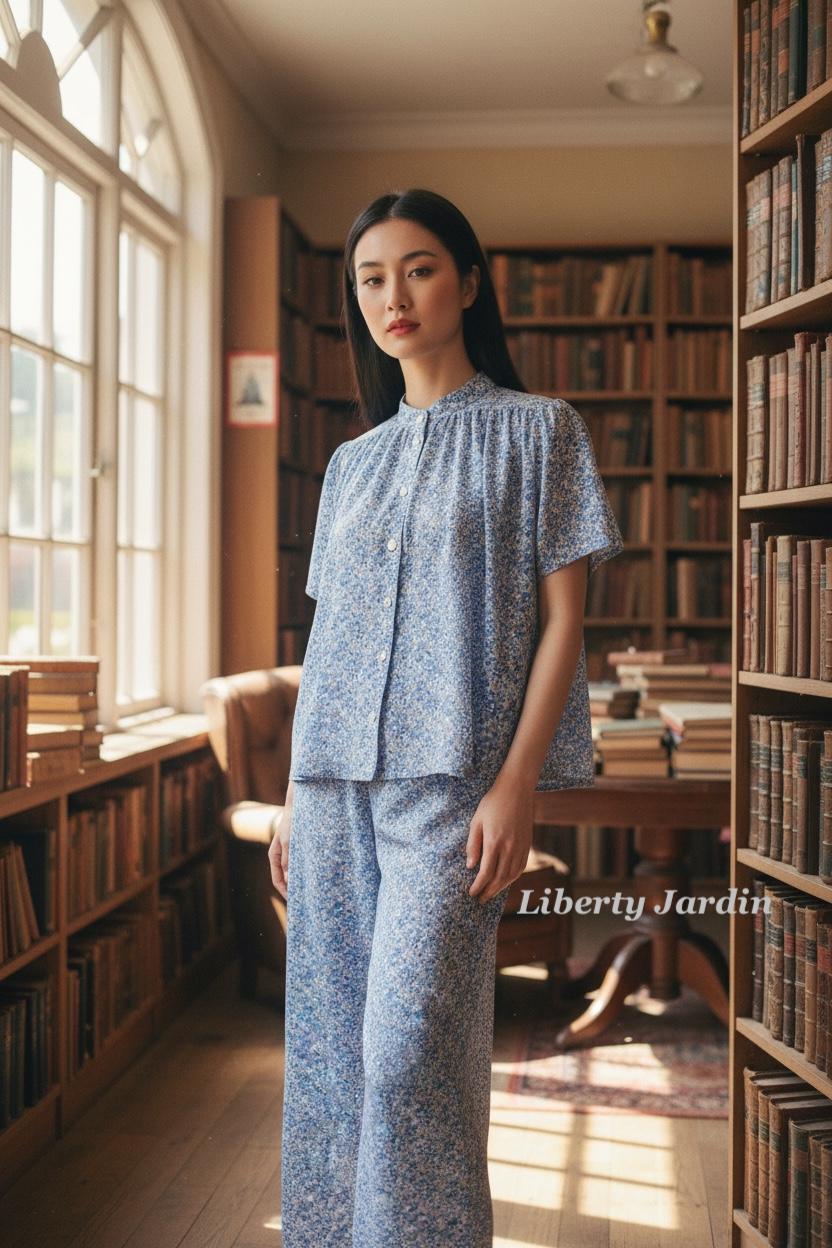 Liberty London Tana Lawn Loungewear Set, Blue Floral Palazzo Pants, Mandarin Collar Blouse