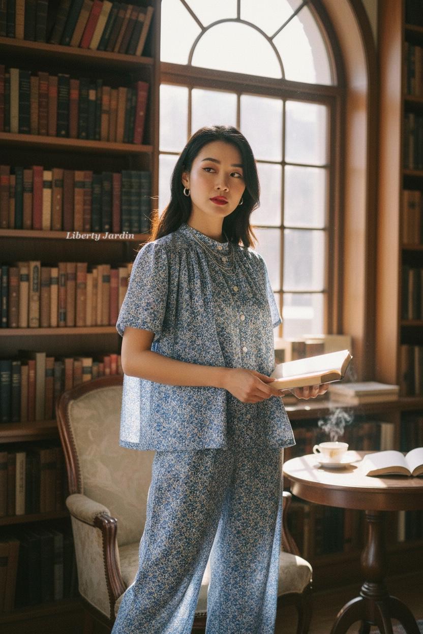 Liberty London Tana Lawn Loungewear Set, Blue Floral Palazzo Pants, Mandarin Collar Blouse