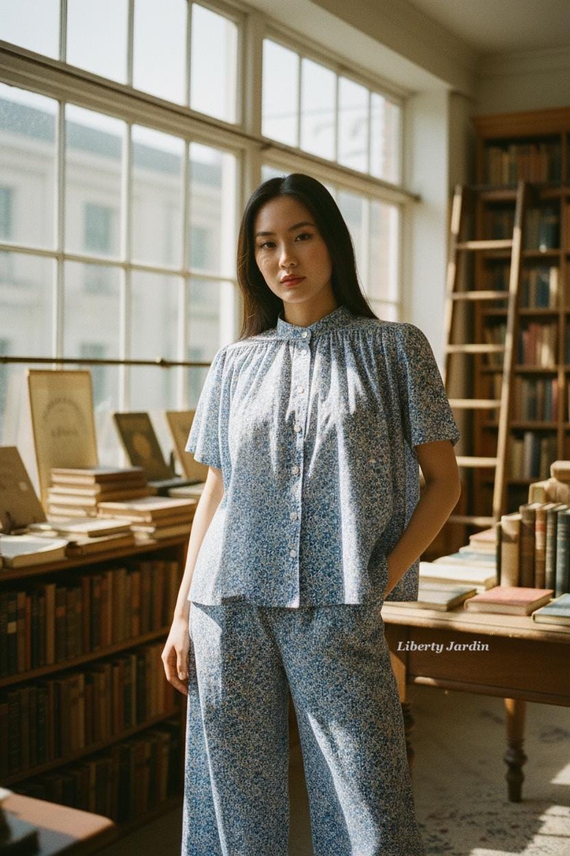 Liberty London Tana Lawn Loungewear Set, Blue Floral Palazzo Pants, Mandarin Collar Blouse