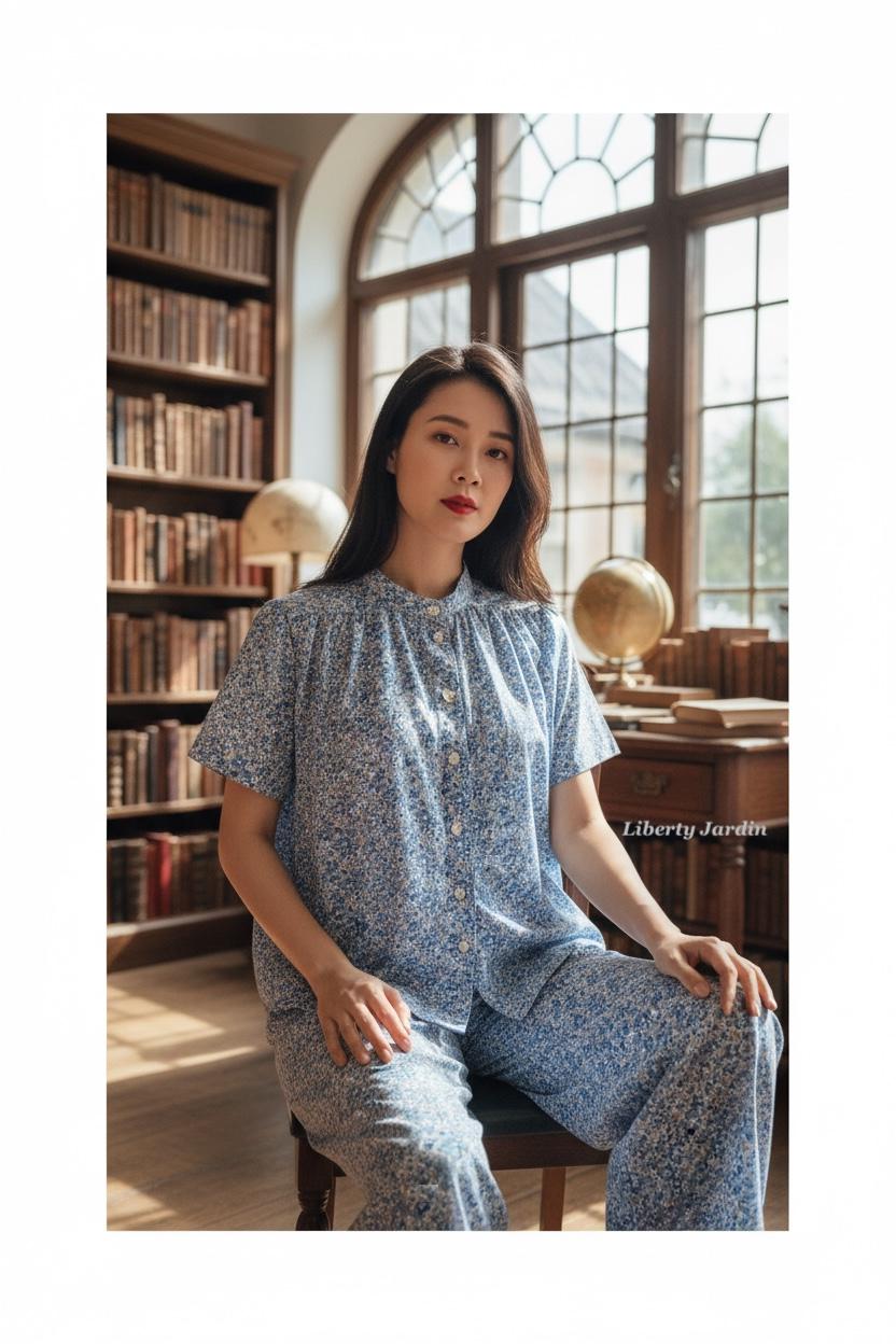 Liberty London Tana Lawn Loungewear Set, Blue Floral Palazzo Pants, Mandarin Collar Blouse