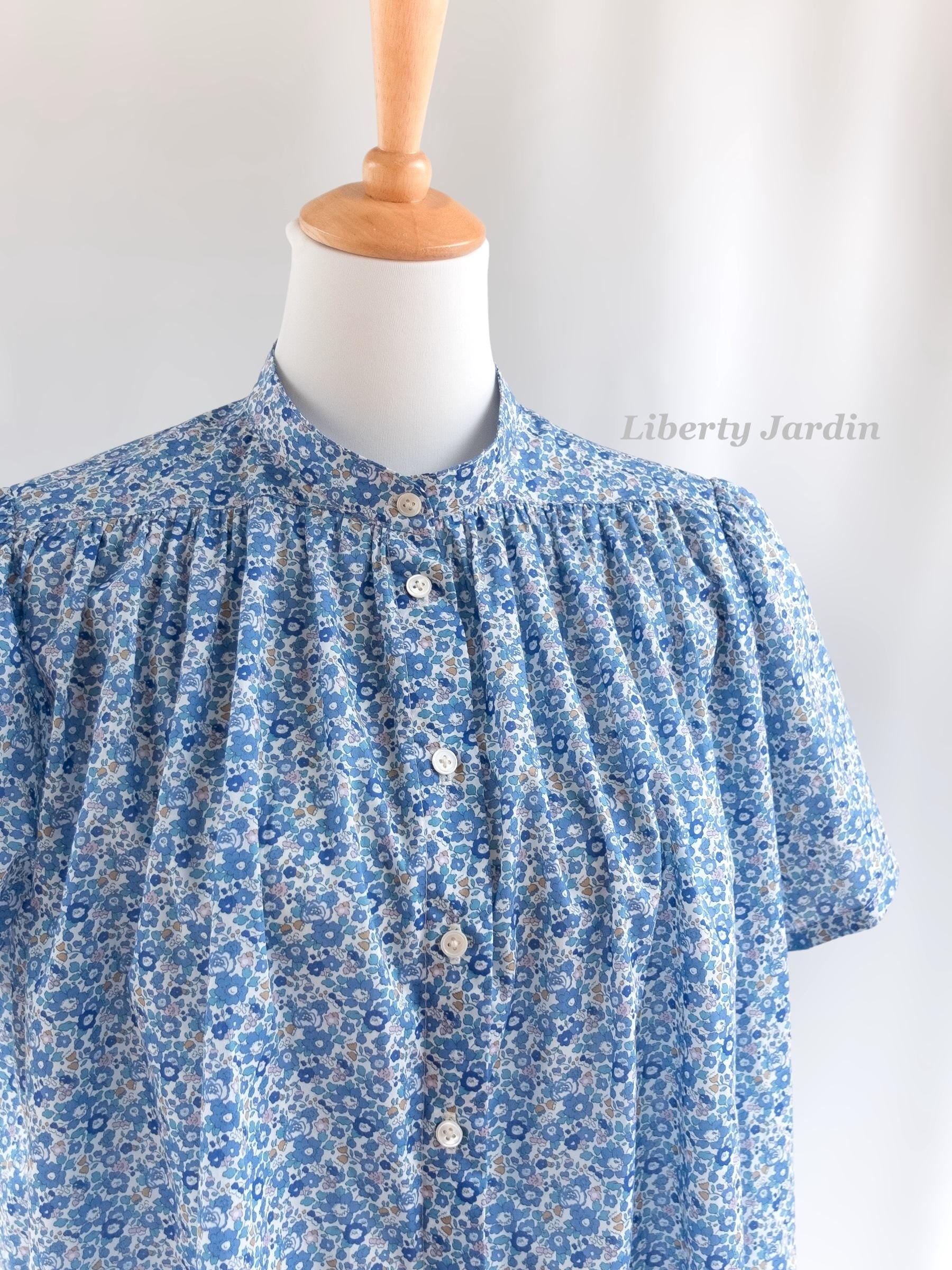 Liberty London Tana Lawn Loungewear Set, Blue Floral Palazzo Pants, Mandarin Collar Blouse