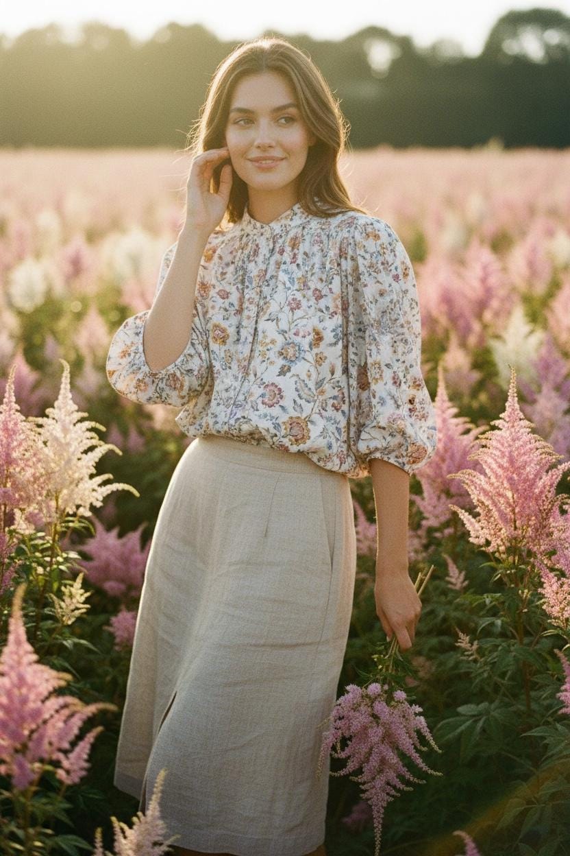 Flowy Gather Liberty London Ditsy Floral Blouse: 3/4 Sleeves Top, Mandarin Collar, Button Through