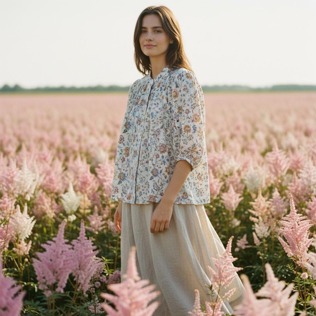 Flowy Gather Liberty London Ditsy Floral Blouse: 3/4 Sleeves Top, Mandarin Collar, Button Through