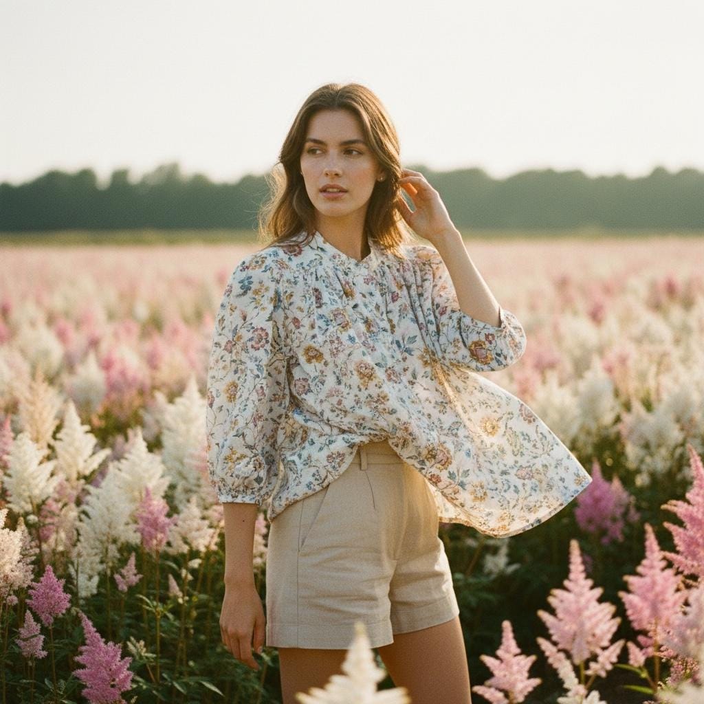 Flowy Gather Liberty London Ditsy Floral Blouse: 3/4 Sleeves Top, Mandarin Collar, Button Through