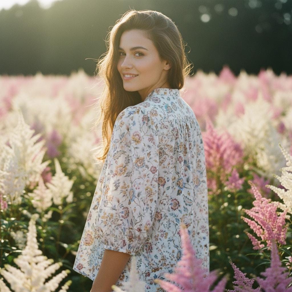 Flowy Gather Liberty London Ditsy Floral Blouse: 3/4 Sleeves Top, Mandarin Collar, Button Through