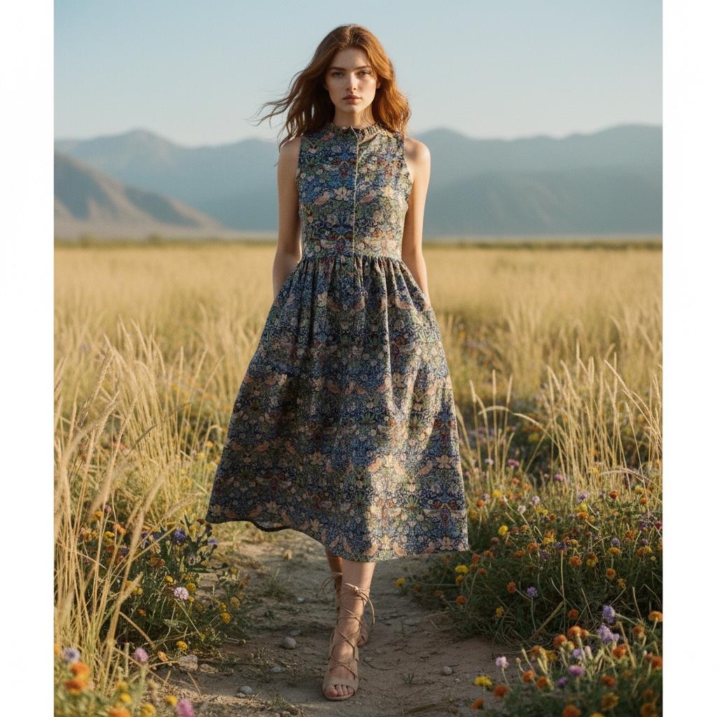 William Morris Print Cotton Dress, Ruffle Collar Sleeveless Midi Dress, Size US 4