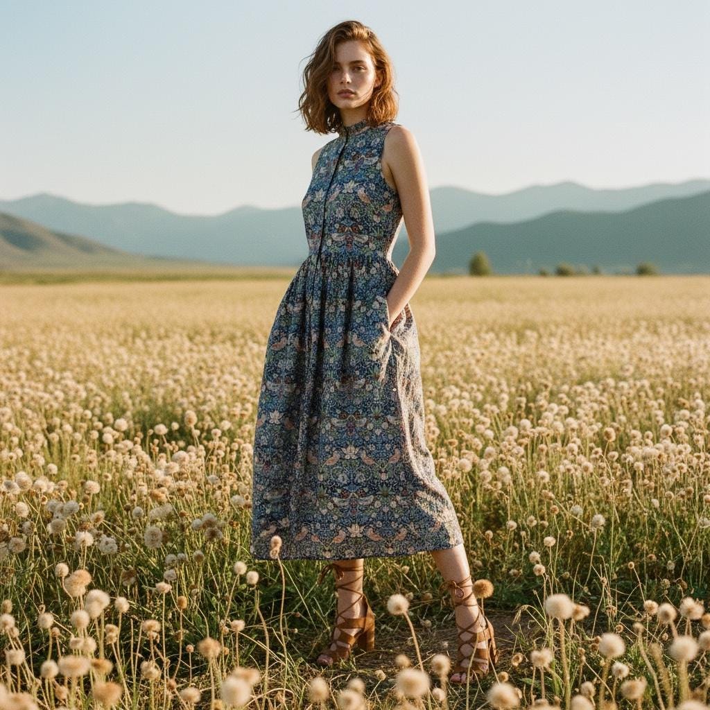 William Morris Print Cotton Dress, Ruffle Collar Sleeveless Midi Dress, Size US 4