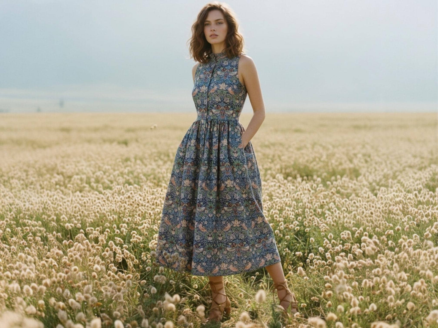 William Morris Print Cotton Dress, Ruffle Collar Sleeveless Midi Dress, Size US 4