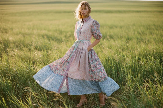 Maxi Liberty London Patches Tiered Shirt Dress: Button Through, Puffy Half Sleeves