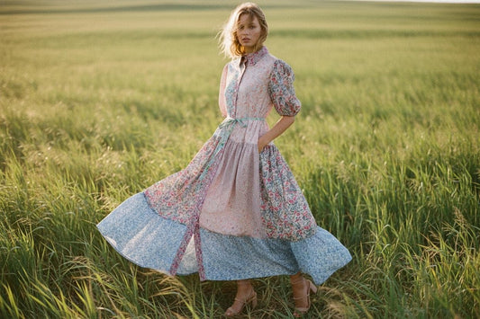 Maxi Liberty London Patches Tiered Shirt Dress: Button Through, Puffy Half Sleeves