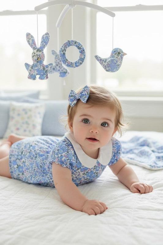 Liberty London Baby Bubble Romper: Peter Pan Collar, Floral Print Cotton Tana Lawn