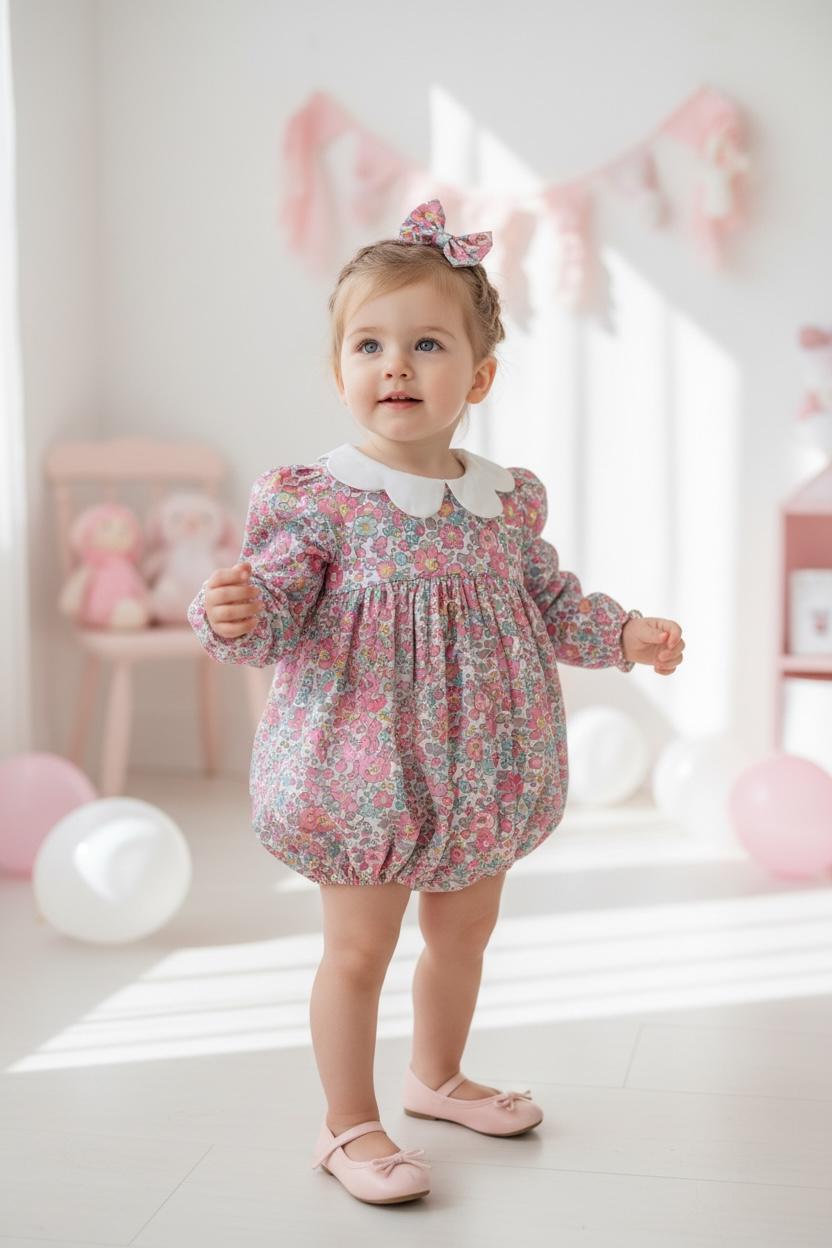 Liberty London Long Sleeve Baby Bubble: Floral Print Cotton Playsuit, Baby Girl Onesie