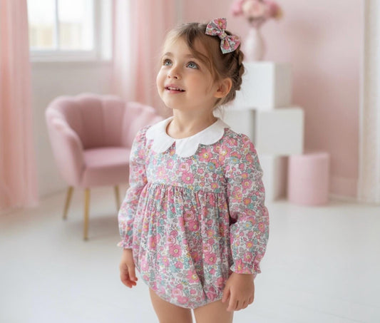 Liberty London Baby Girl Bubble Long Sleeve Romper: Floral Print Cotton Onesie, Collar Playsuit