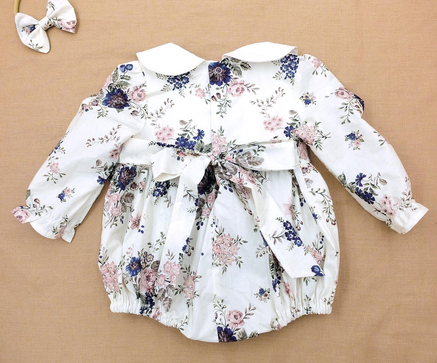 Peter Pan Collar Liberty Bubble Romper: Floral Print Cotton, Short Sleeve