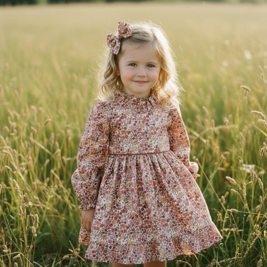 Liberty London Girl Dress, Rust Floral Cotton Tana Lawn, Ruffle Collar, Handmade