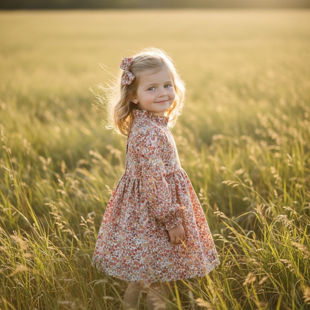 Liberty London Girl Dress, Rust Floral Cotton Tana Lawn, Ruffle Collar, Handmade