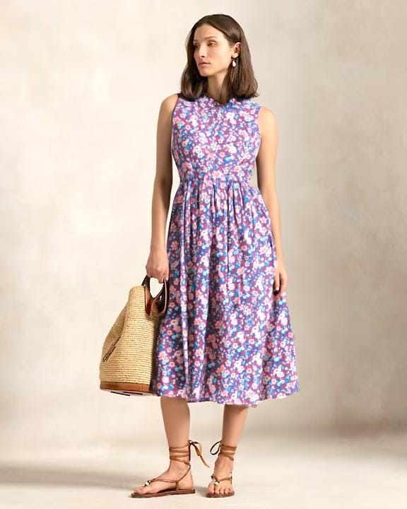 Liberty London Floral Midi Dress, Ruffle Collar Sleeveless Cotton Sun Dress, Size US 4