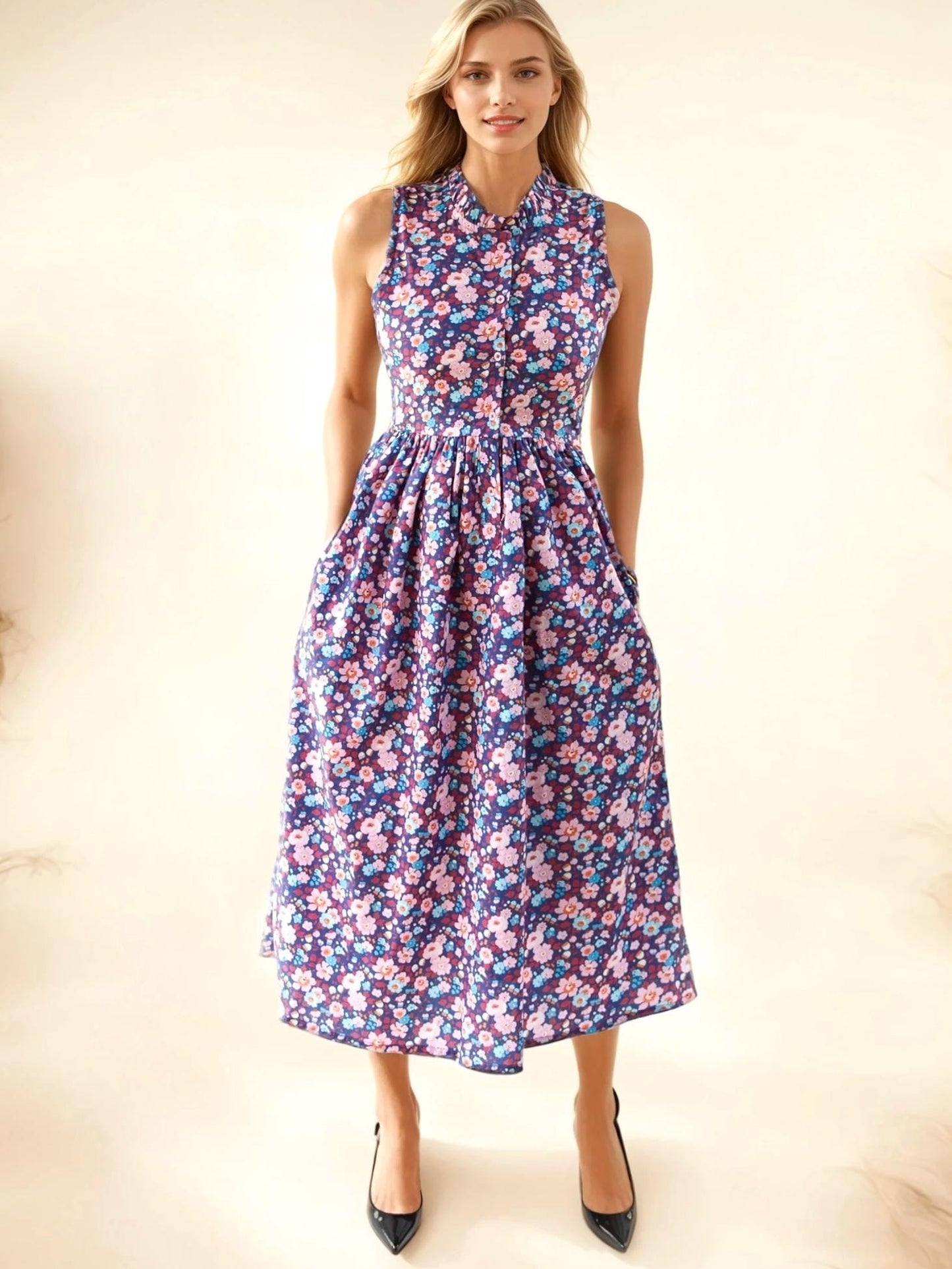 Liberty London Floral Midi Dress, Ruffle Collar Sleeveless Cotton Sun Dress, Size US 4