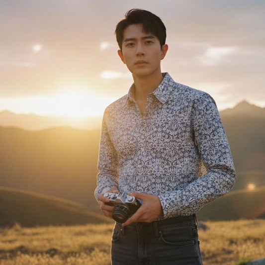 Liberty London Men Long Sleeve Dress Shirt: Botanical Floral Print Cotton, Button Up