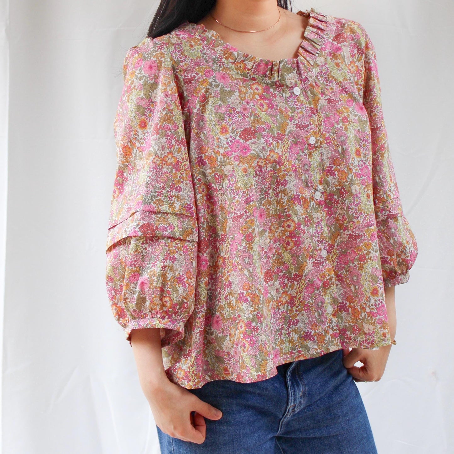 Ruffle Collar Liberty Floral Print Top: 3/4 Sleeves blouse, Button Through Scoop Neck