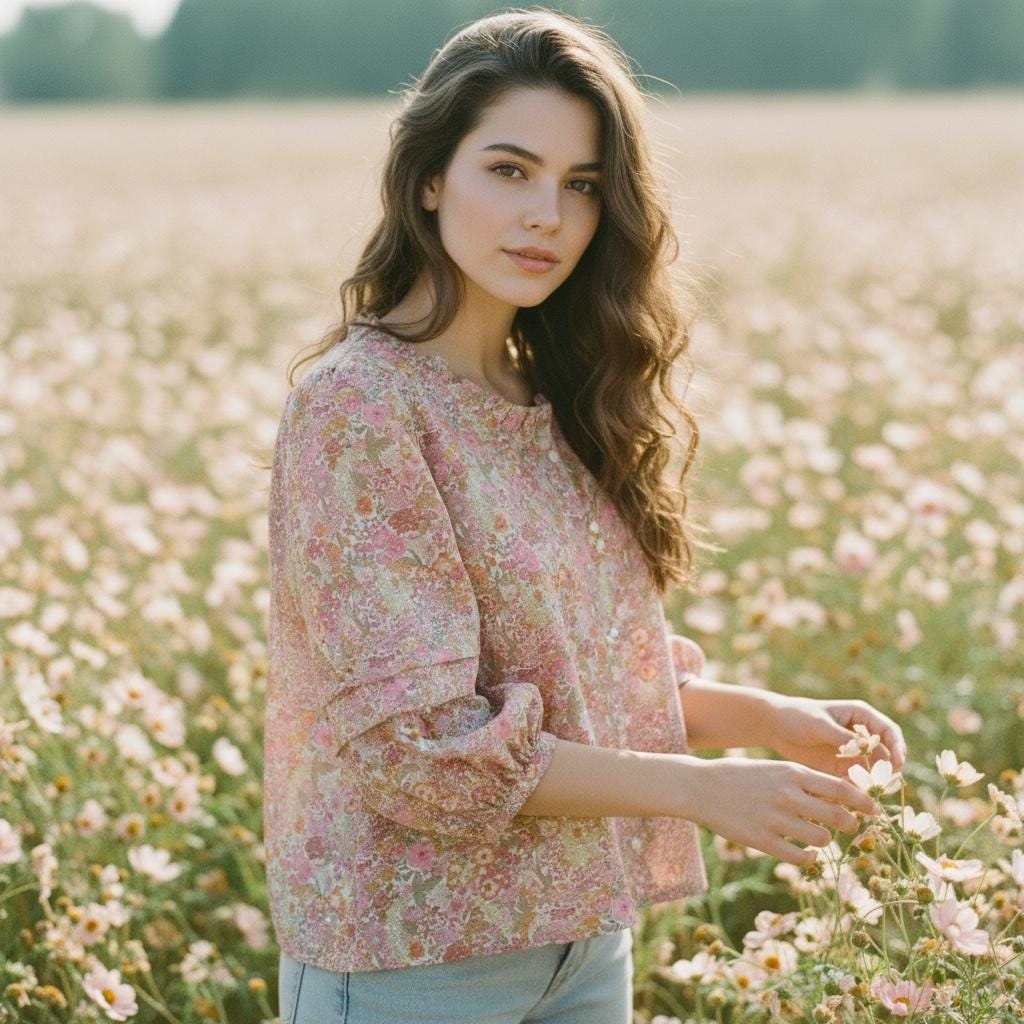 Ruffle Collar Liberty Floral Print Top: 3/4 Sleeves blouse, Button Through Scoop Neck