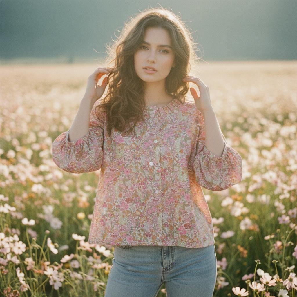 Ruffle Collar Liberty Floral Print Top: 3/4 Sleeves blouse, Button Through Scoop Neck